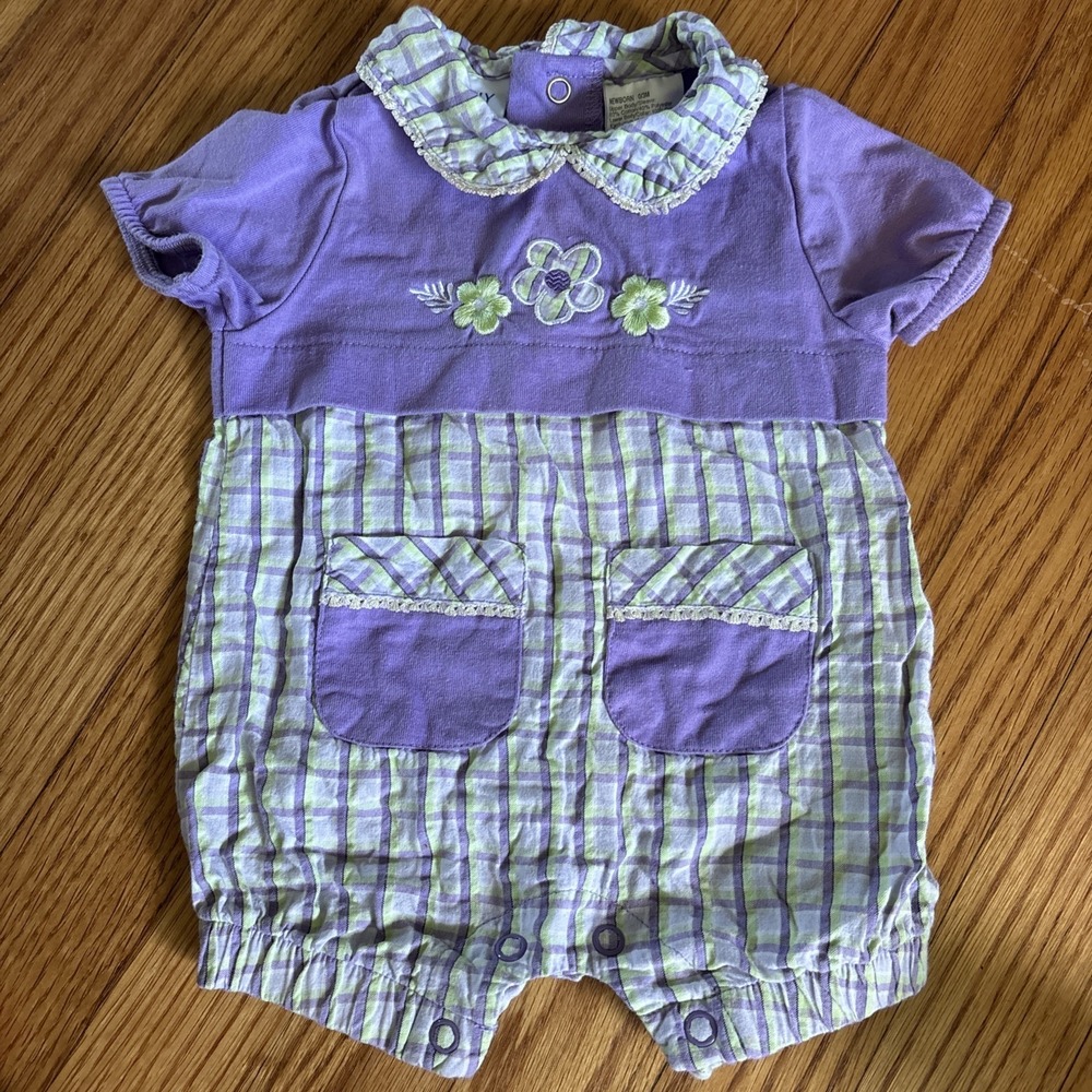Vintage Basic Editions Girls Purple Floral Romper Ribbed  0-3 Months Peter Pan‎